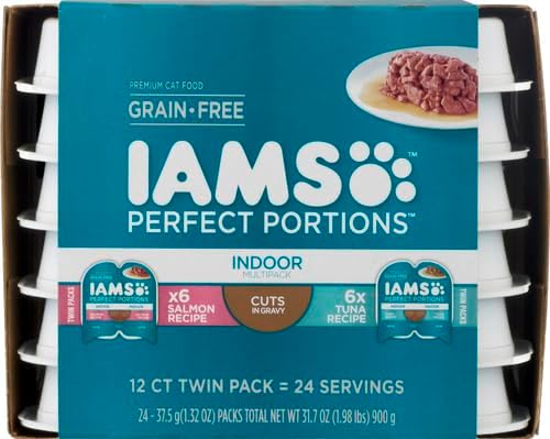 Iams Perfect Portions Indoor Adult Grain Free Wet Cat Food Pate Variety Pack, Salmon and Tuna Recipes, 2.6 oz. Easy Peel Twin-Pack Trays (12 Count, 24 Servings)