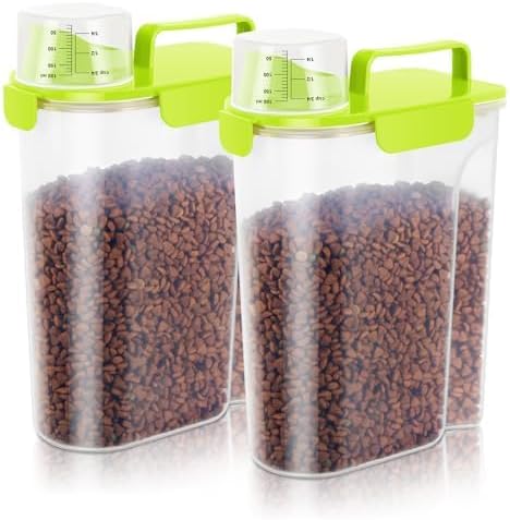 10 LBS Pet Storage Container Portable with Upgraded Large Spout and Cup,Plastic Dog Cat Food Dispenser for Small Animal Kibble, Bird Seed,Oatmeal,Rice,flour,brown sugart-2 Pack Sunshine Green