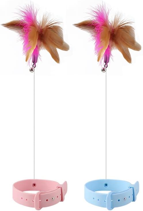 Cat Teasing Wand Silicone Collar Hands Free Toy with Bell and Feathers Interactive Cat Toys (Blue)