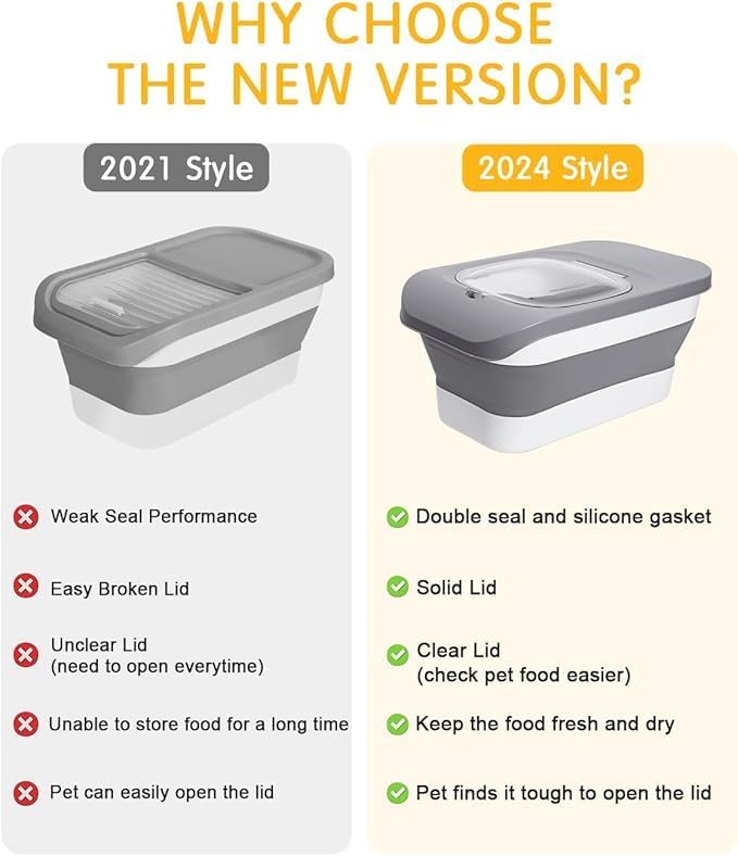 Collapsible Dog Food Container,10-13 LB Cat Food Containers Bin with Lids, Large Pet Food Storage Containers,Dry Food Storage Containers Can Be Use As Cereal Rice Storage Bin, grey
