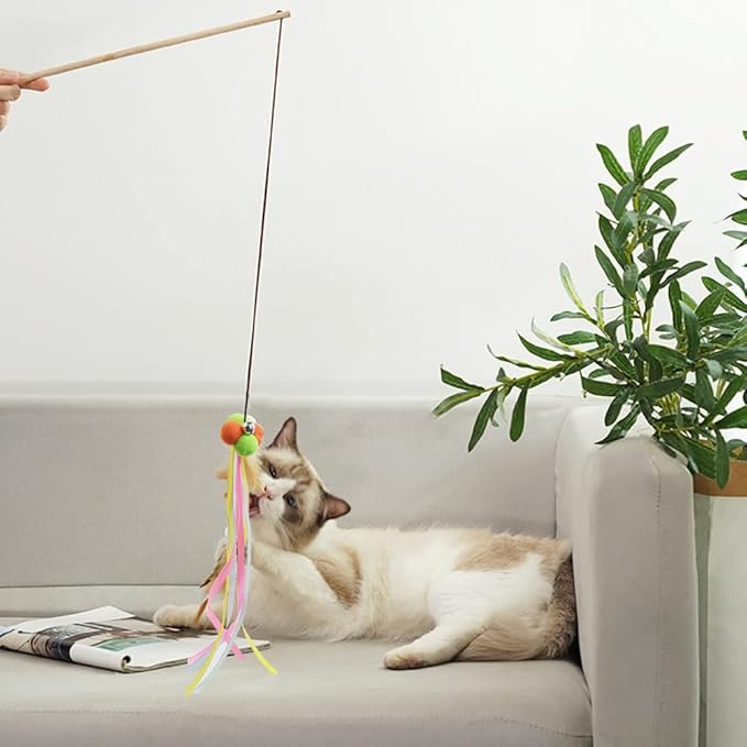 IUHKBH Cat Wand Toys, 3 PCS Interactive Cat Toys Wooden Handle Cat Teaser Toys with Bell, Ribbon and Pom Poms Sturdy Cat Sticks