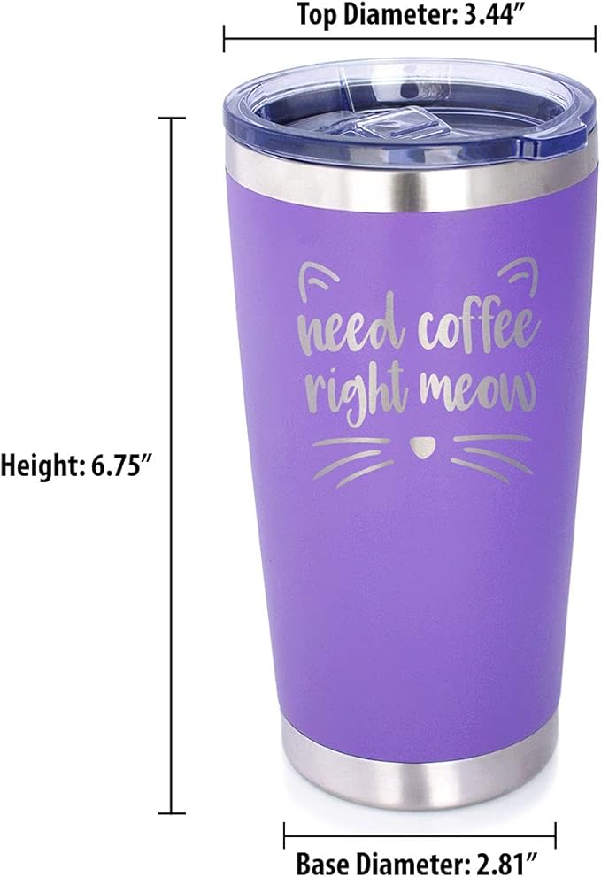 Bevvee Need Coffee Right Meow - Insulated Tumbler Cup with Sliding Lid - Stainless Steel Mug - Cat Themed Coffee Gift - Purple