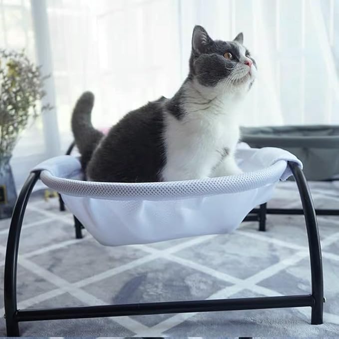 Fhiny Cat Hammock Bed, Removable & Washable Elevated Pet Hanging Nest Free-Standing Breathable Cooling Cot Sofa with Heavy Duty Iron Frames for Indoor Cats Kitten Puppy Sleeping