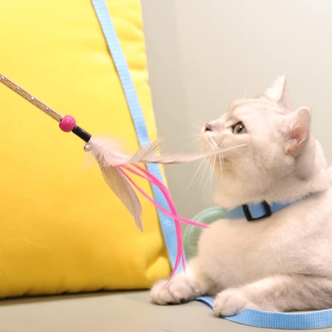 Cat Wand Toys 4 PCS Interactive Cat Feather Wands Cat Teaser Wand with Color Vary Feather and Bell