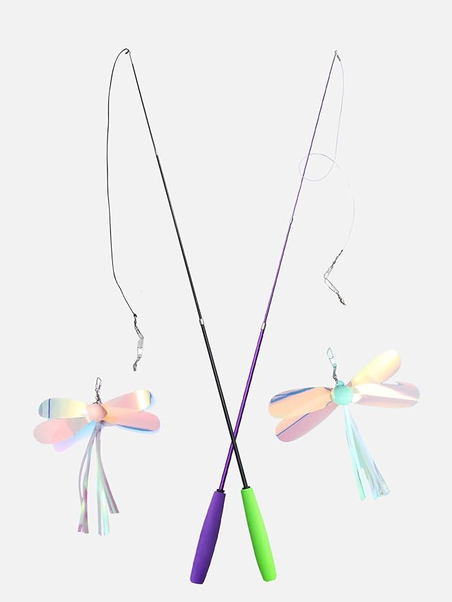QWINEE 2Pc Dragonfly Cat Teaser Wand Toys Interactive Cat Toy for Indoor Cats Kitty Kitten Multicolor A one-Size