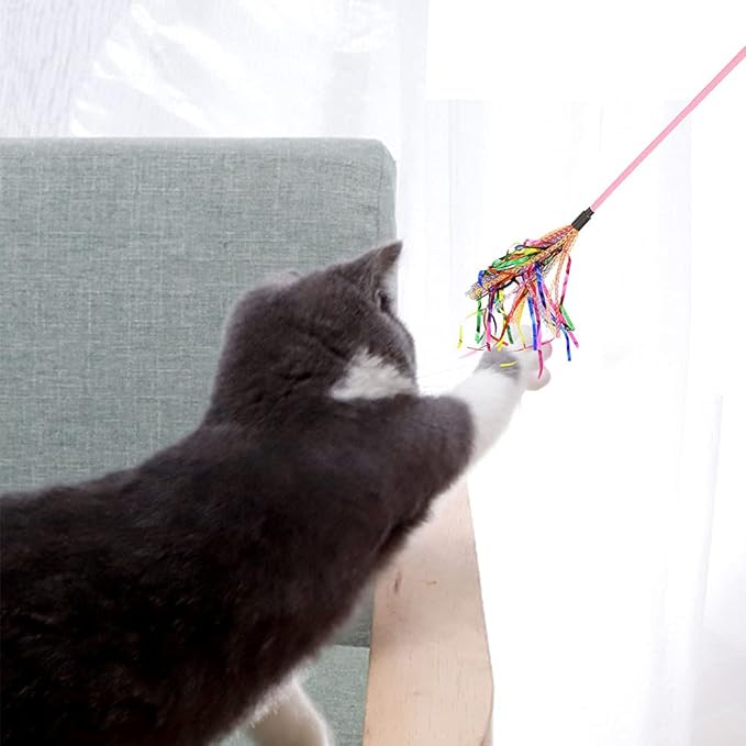 IUHKBH Cat Wand Toys, 3 PCS Interactive Cat Feather Wands Cat Teaser Toys with with Sound Paper Tassels and Soft Line Tube for Cat and Kitten
