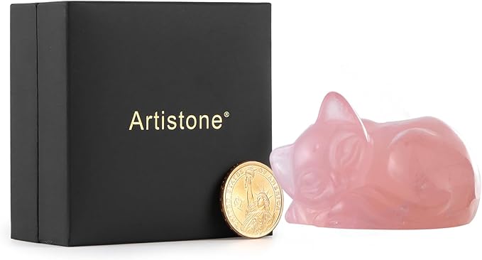 2" Sleeping Cat Statue Rose Quartz Healing Crystals Hand Carved Cute Kitten Figurine, Worry Stone for Anxiety Relif Home Desk Decor Animal Figurine