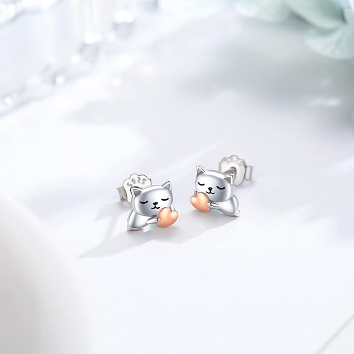925 Sterling Silver Cat Earrings Cute Animal Kitten Stud Earrings cat Jewelry Gifts for Women Girls Hypoallergenic Earrings for Sensitive Ears