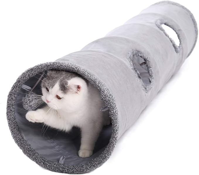 Collapsible Cat Tunnel, Durable Suede Pet Toys Play Tunnel with Ball and Hole, for Cats, Rabbits, Kittens, Puppy and Small Pets (Grey 51x12inch)