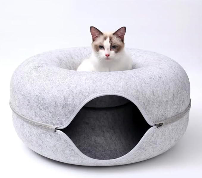 Cat Tunnel Donut - Large Cat Tunnel Bed for Sleeping, Cuddles, Indoor Play, Sturdy Felt Peekaboo Cat Cave, Easy Zip Assembly - Circular Tube with Fun Feather Toy Light Gray, 24x11