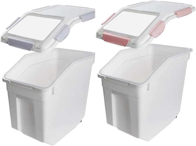 RUIAN Dog Food Storage Container with Scoop,Rice Flour Container on Wheels,Airtight Cat Birds Food Bin Grey & Pink