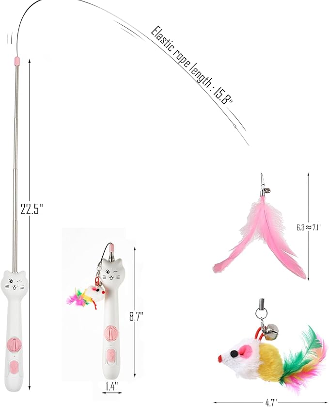 Cat Toys for Indoor Cats Retractable Cat Wand, with Feather & Mice, 3-in-1 Laser Pointer Interactive Cat Toy, 5 Modes, Kitten Toy for Indoor Cat and Dog (Pink)