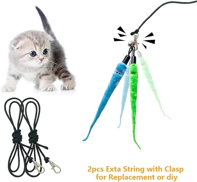 Worm Teaser Refills for Cat Wand 10PCS Squiggly Worms Replacements and 1PC Replacement String for Cat Fishing Kittens Wand Refills Attachments for Kitten Training Exerciser Accessories