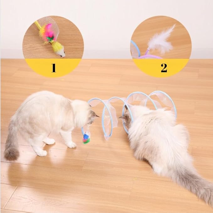 Collapsible Cat Tunnel, Funny Cat Tunnels for Indoor Cats, Foldable Cat Play Tunnel, Interactive Toy Maze Cat Toy with Play Ring for Cats, Puppy, Kitty, Rabbit (Blue)