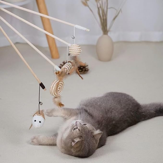 Wood Handle Teathered & Feathered Play Wand Cat Toy, for All Breed Sizes(Burlap Mouse)