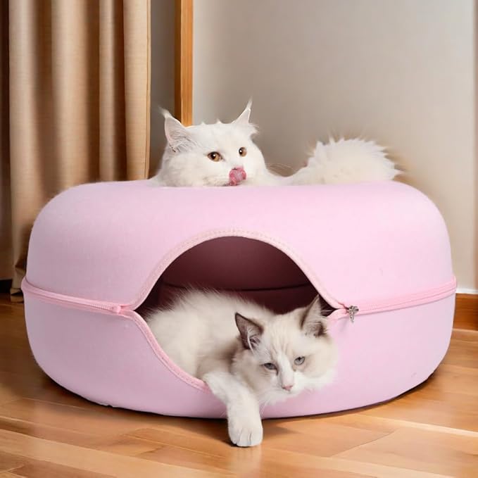 Donut Cat Tunnel Bed Peekaboo Cat Cave for Large Cats Up to 30 Lbs, Kitty Interactive Playing Tent House for Multiple Cats,Detachable,Scratch Resistant (Pink, Large - 24 Inch Diameter)