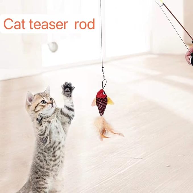 Cat Fishing Pole Toy, Interactive Cat Teaser Wand, Retractable Fishing Pole Cat Toy with Reel, Cat Pole for Indoor Cats, Cat Fishing Rod Catcher for Kitty Kitten Cat Feather Toy Mouse