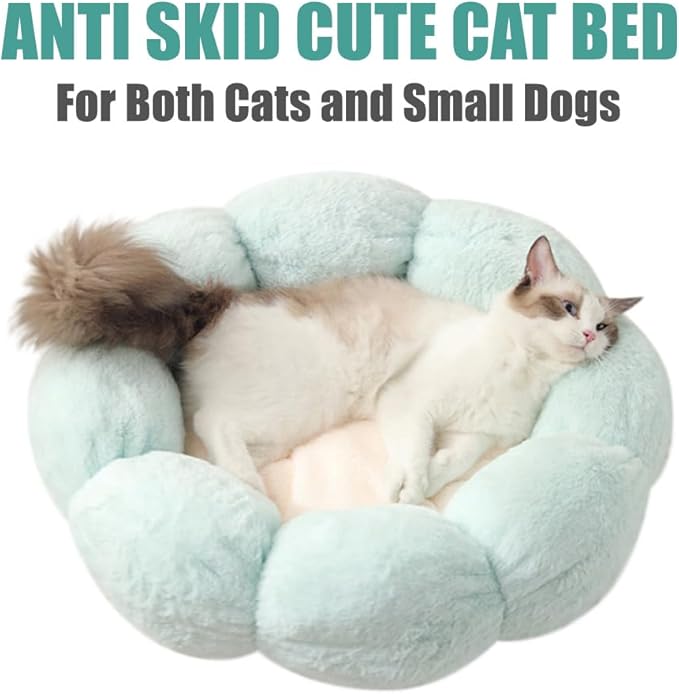 Soft Plush 21" Cute and Cozy Flower Dog Cat Bed with Non-Slip Bottom Luxury Orthopedic Cushion Beds for Indoor Kitty or Puppy, Warmth and Machine Washable (Small, Green)