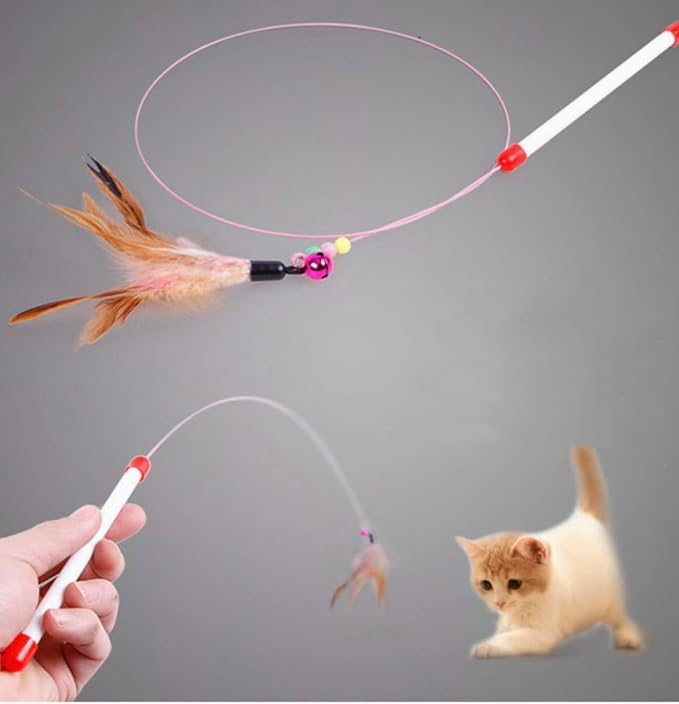 Lily and Prim's Cat Pet Toy Steel Wire Chaser Wand Teaser with Bell, Beads and Feather