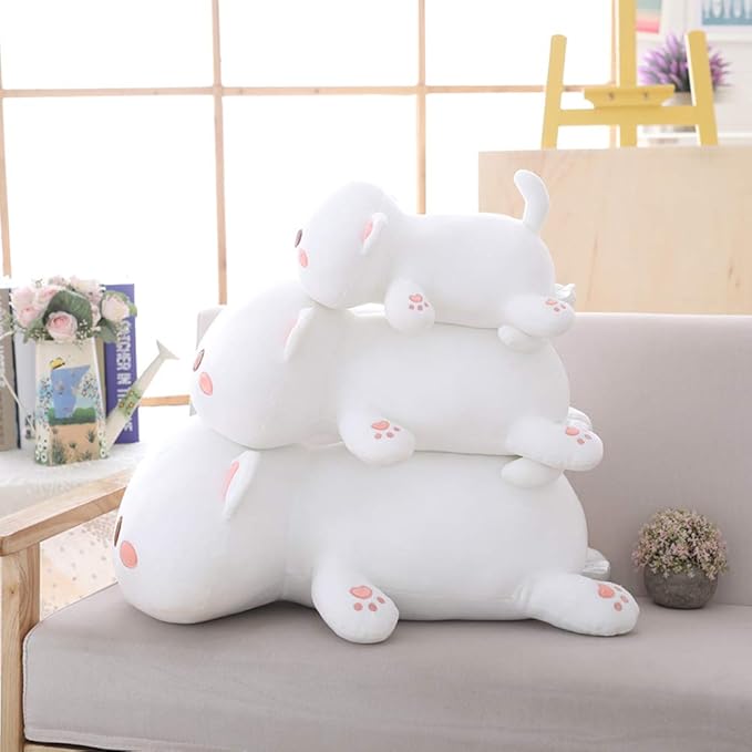 Cat Plush Hugging Pillow, Soft Cat Stuffed Animals Kawaii Kitten Plush Toy Gifts for Kids (White Round Eyes, 25.5")