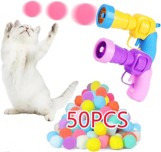 Cat Ball Launcher Toy, 50PCS 1.2Inch Cat Pompom Ball and 2 Cat Ball Toy Launcher, Soft Interactive Cat Balls, Active Cat Exercise Toys for Indoor Cats-Multi-Colored