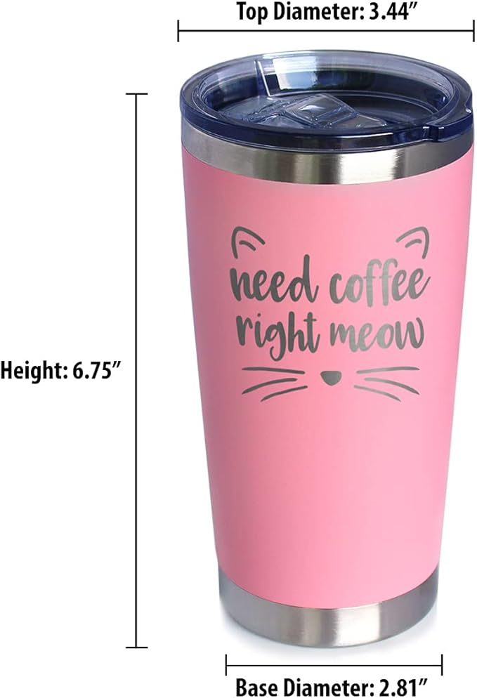 Bevvee Need Coffee Right Meow - Insulated Cat Themed Tumbler - Stainless Steel Mug - Pink