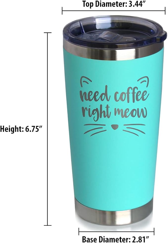 Bevvee Need Coffee Right Meow - Insulated Coffee Tumbler Cup with Sliding Lid - Stainless Steel Insulated Mug - Cat Themed Coffee Gifts - Teal