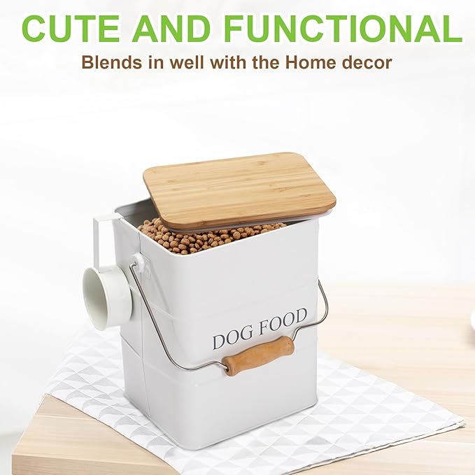 Dog Food storage container Dog Treats Jar, Metal food treats tin for Dog, pet snacks Canisters with wooden lid/handle/sevice scoop,hold 5-6 lbs