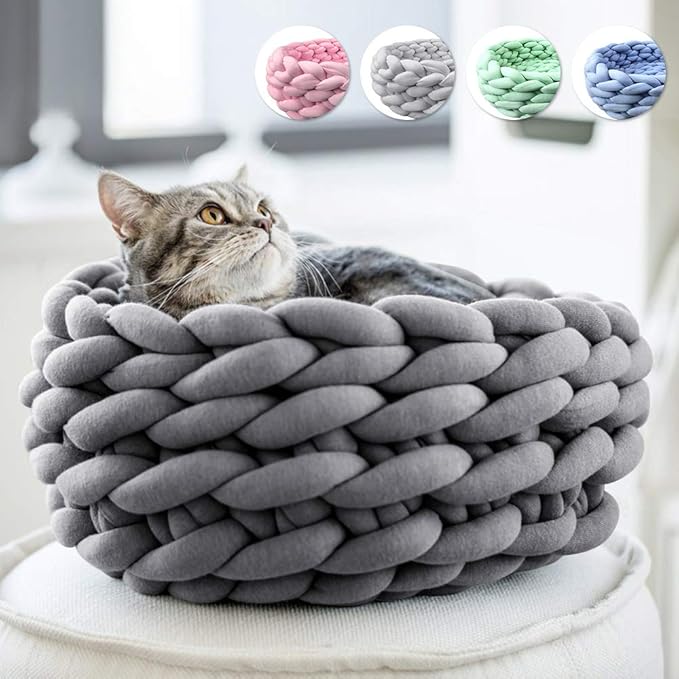 Lucky Monet Cat Basket Bed Cotton Knitted Round Pet Beds for Cats Cute Boho Cat Pet Bed Warm Woven Cat Nest for Puppy Kitten Cats Dogs (19.7", Dark Gray)