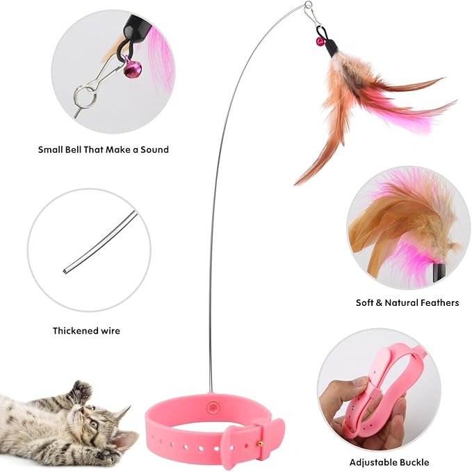 Cat Feather Collar Toys 2 Pcs Interactive Cat Toys for Indoor Cats Teasing Wand Collar Funny Cat Toy with Bell and Replaceable 4 Feathers Refills Multiple Ways for Cats to Play(Blue+Pink)