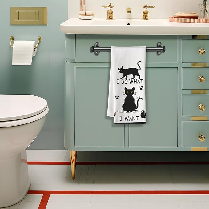 Cat Hand Towel, Black, Polyester, Farmhouse Style, Cat Pattern, Kitchen Decoration