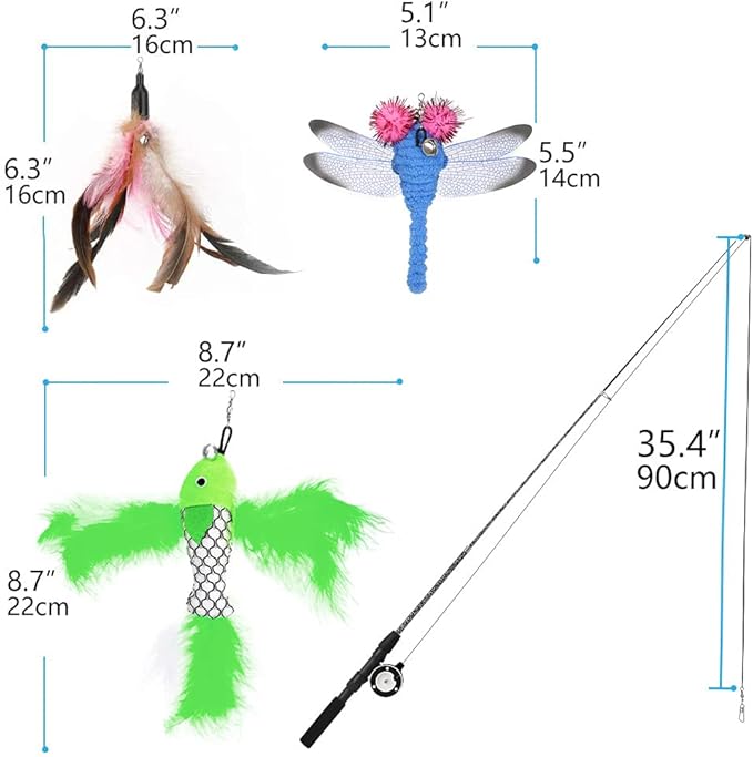 Pawaboo Cat Feather Toys, 4 Pack Interactive Cat feather Teaser Wand Toys, Retractable Fishing Pole Wand Catcher Exerciser with Refill Fish, Dragonfly Worm with Bells, Fun Cat Kitten Kitty Playing Toy