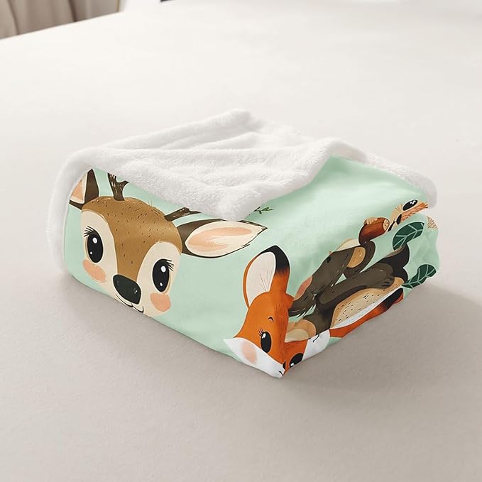 Kids Throw Blanket Boys Girls Bed Cute Fox Elk Bear Pattern Fleece Blanket Kawaii Zoo Animal Theme Plush Sherpa Blanket for Sofa Couch Super Soft Woodland Fox Nature Fuzzy BlanketQueen 90"x90"