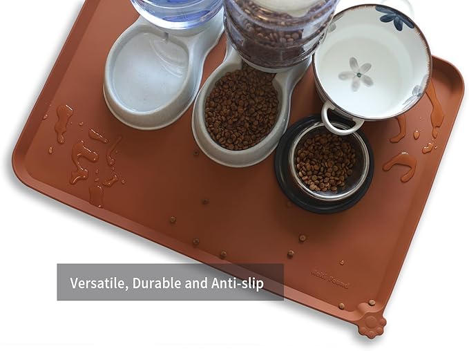 Hoki Found X-Large Silicone Pet Food Mats Tray - Non Slip Pet Dog Cat Bowl Mats Placemat - Dog Pet Cat Feeding Mat - Waterproof Dog Cat Food Mats -Pet Water Mats for Carpet - Caramel