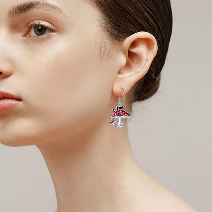 Black Cat Earrings 925 Sterling Silver Mushroom Cat/Black Cat/Panda/Sloth/Capybara/Boston Terrier/Shih Tzu Dangle Earrings Cute Animal Drop Earrings Jewelry Gifts for Women