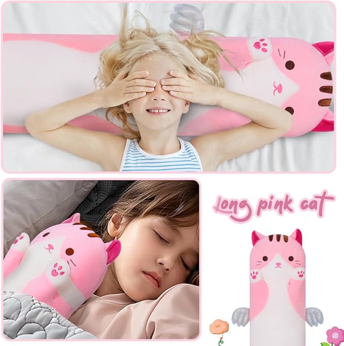 Cute Cat Plush Pillow, Pink Long Cat Stuffed Animals Soft Long Kitten Plushies Kawaii Cat Stuffed Plush Toy for Kids Girlfriend(90cm/35.4inch)
