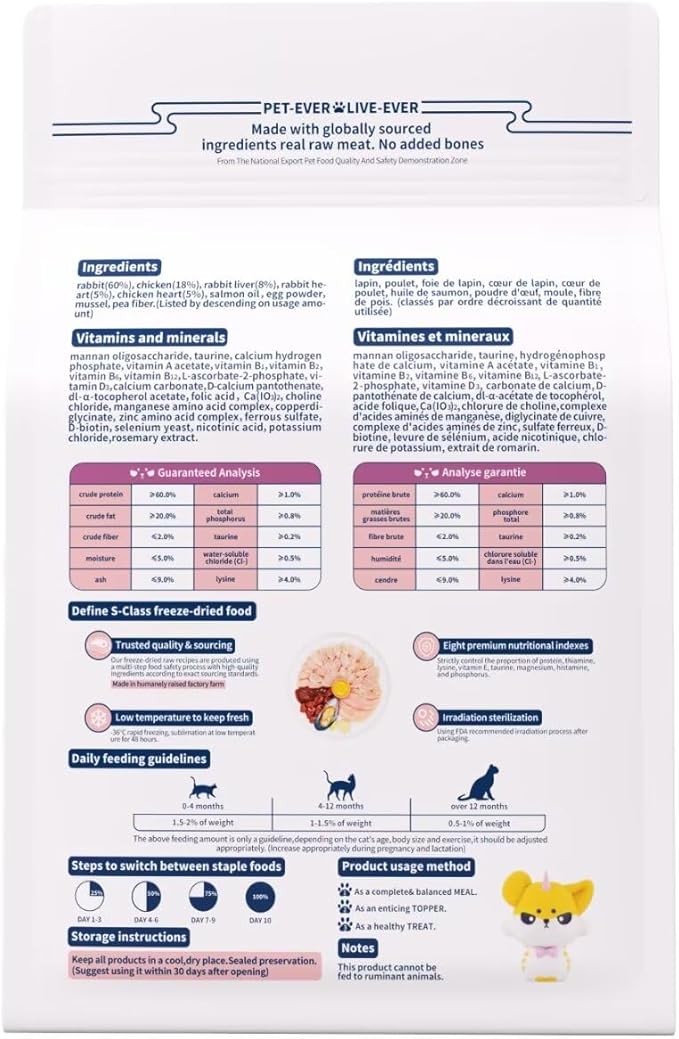 Freeze-Dried Cat Food, 97% Raw Meat 60% High Protein, Grain-Free Cat Food Topper, Health Dry Cat Food (Rabbit Recipe - 14 Ounce)