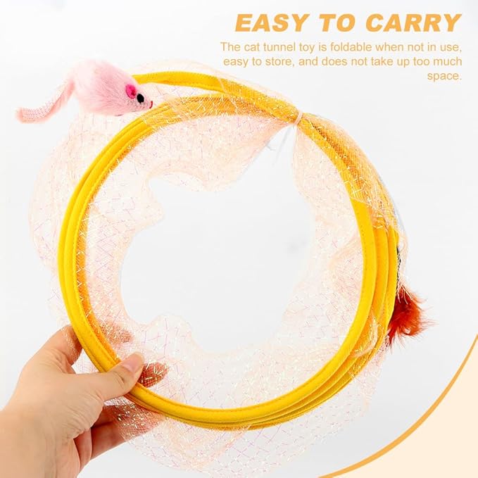 2Pcs Self Play Cat Hunting Spiral Tunnel Toy, Folded Cat Tunnel Toy Spiral Cat Toy, Cat Spring Toy Spiral Cat Toys, Indoor Cat Activity Structure with Feather(Yellow,Size:19.7inch)