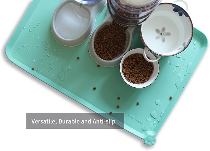 Hoki Found X-Large Silicone Pet Food Mats Tray - Non Slip Pet Dog Cat Bowl Mats Placemat - Dog Pet Cat Feeding Mat - Waterproof Dog Cat Food Mats -Pet Water Mats for Carpet - Cool Mint