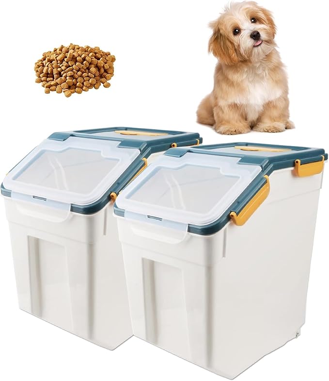 AnRui 2Pcs Airtight Flour Storage Containers 45LB, Large Rice Storage Container, Plastic Cereal Grain Dispenser Organizer Pet Dog Cat Food Storage Bin with Lid, with Measuring Cup, Scoop, Blue