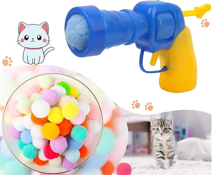 Cat Toy Ball Launcher, Interactive Cat Toy for Indoor Cat, Cat Gun with 70 Plush Balls, Cat Toy for House Cats, Exercise Toys for Kitten and Adult Cats, Kitten Toys, YELLOW BLUE