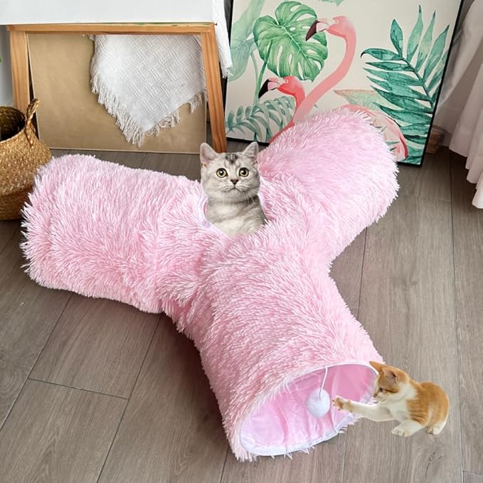 Cat Tunnel Tube Toys, Tunnels for Indoor Cats Soft Warm Pink Plush, 3 Way Collapsible Interactive Toy Maze House with Peek Hole Dangling Ball for Rabbit, Puppy, Kitty, Kittens