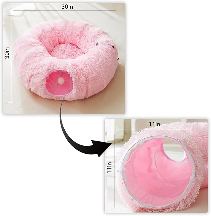 HIPIPET Winter Plush Cat Tunnel with Cat Bed for Indoor Cats,Multifunctional Cat Toys for Small Medium Large Cat.(Pink)