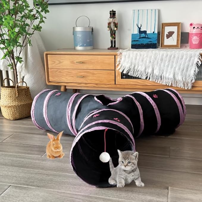 Cat Tunnel Tube Toys, Pink Paw Tunnels for Indoor Cats, 3 Way Collapsible Interactive Toy Maze House with Peek Holes Ball for Rabbit, Kitten, Kitty, Puppy