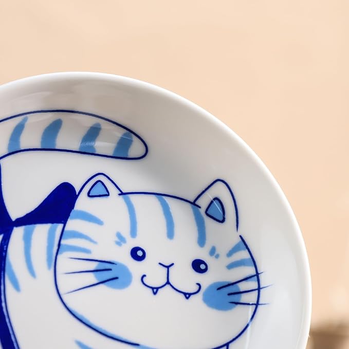Blue and White Porcelain Vintage Cats Pattern Dessert Plates, Appetizer Plates, Snack Plates Set, Seasoning Dishes, Side Dishes, Saucer Dipping Bowls, 6 PCS-Blue Cats-5 Inch