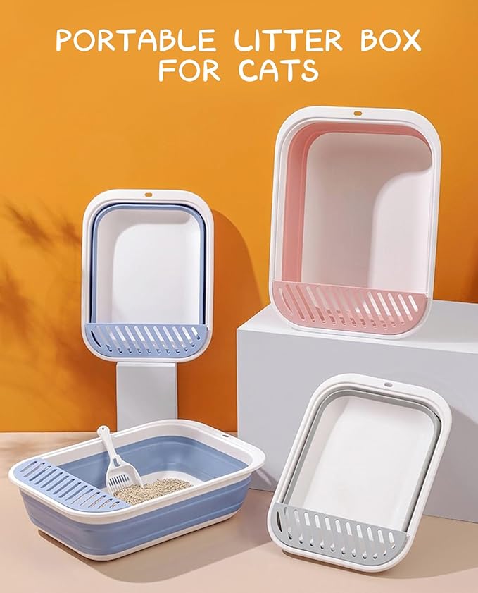 BNOSDM Large Cat Litter Box for Senior Cat - Foldable Kittens Travel Litter Box with Scoop Collapsible Cat Toilet Open Shallow Cats Potty Pan for Sick Disabled Older Cats Grey