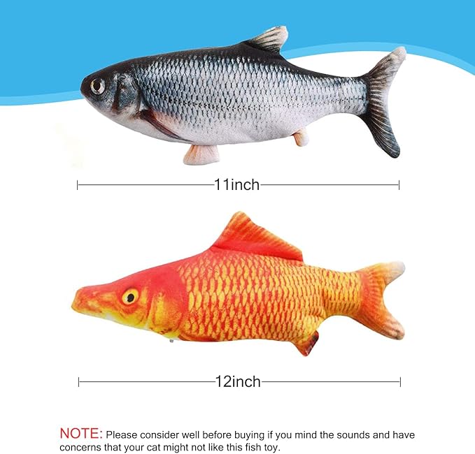 Cat Toys Interactive Flopping Fish with Catnip, 2 Pack Automatic Cat Toys for Indoor Cats, 11" Electric Moving Cat Kicker Toy, Wiggle SilverVine Floppy Fish for Kitty, Bored Kitten Self Play Toys