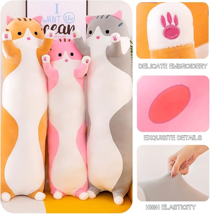 Giant Cat Pillow Plush Cartoon Kitty Sleeping Hugging Pillow, Cuddly Soft Long Kitten Body Pillow Doll Cat Cushion Toy for Kids Girlfriend(Pink, 50cm/19.68inch)