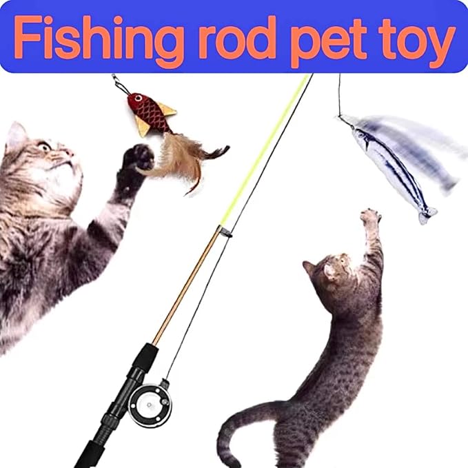 Cat Fishing Pole Toy, Interactive Cat Teaser Wand, Retractable Fishing Pole Cat Toy with Reel, Cat Pole for Indoor Cats, Cat Fishing Rod Catcher for Kitty Kitten Cat Feather Toy Mouse