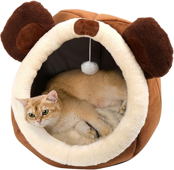 Lcybem Cat Beds for Indoor Cats - Cat Bed Cave with Removable Washable Cushioned Pillow, Soft Plush Premium Cotton No Deformation Pet Bed, Roomy Bear Cat House Design, Multiple Sizes-L